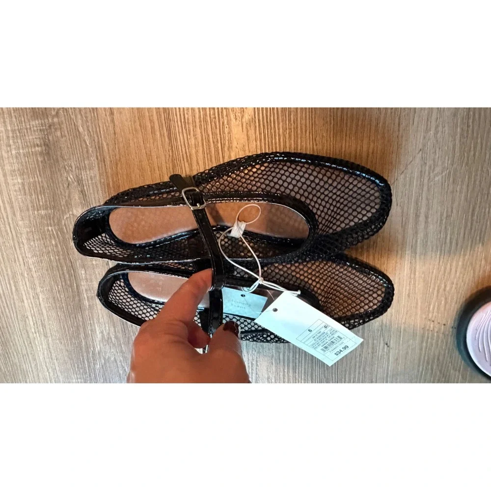 A New Day Black Mesh Mary Jane Flats Memory Foam Patent Trim Size 6
